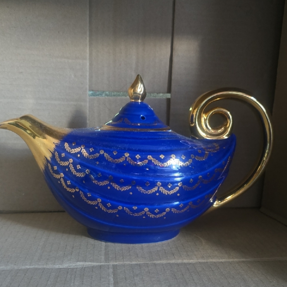 Elegant Blue and Gold Teapot